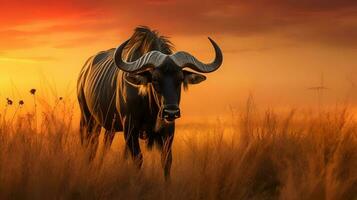 Photo of Wildebeest on savanna at sunset. Generative AI