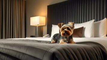 Yorkshire terrier perro acostado en cama en hotel con contemporáneo interior diseño. generativo ai foto