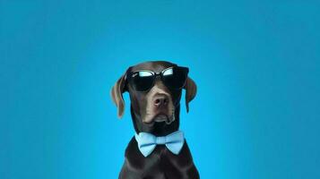 Photo of haughty labrador retriever dog using sunglasses  and office suit on white background. Generative AI