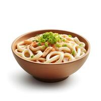 Food photography of Udon on brown bowl isolated on white background. Generative AI photo