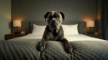 cane corso dog lying on bed in hotel with contemporary interior design. Generative AI photo