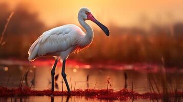 Photo of African Spoonbill on savanna at sunset. Generative AI