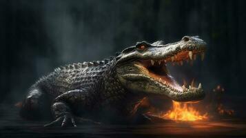 angry crocodile with fire illustration photo