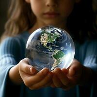 little girl holding a globe photo