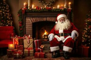 santa claus sitting with gift box photo