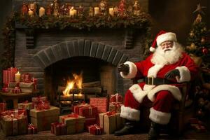 ilustración Papa Noel claus sentado con regalo caja foto