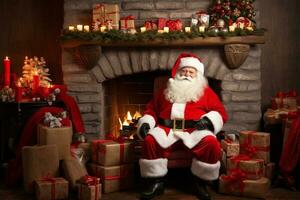 Papa Noel claus sentado con regalo caja ilustración foto