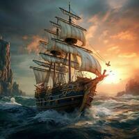 pirate ship is sailing on the sea photo