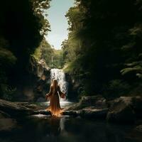 elegant dress girl with waterfall in the forest photo