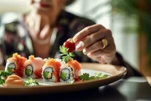 mature women eating sushi template photo