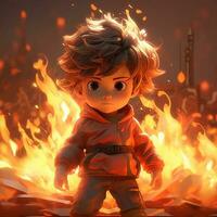 cute 3d character with fire on background photo