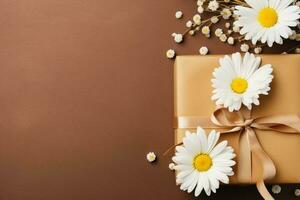 flower with gift box on brown template background photo