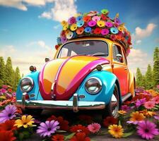 frog car with flower decoration illustration photo