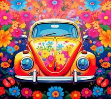 frog car with flower decoration background photo