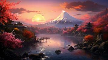 beautiful scenery mountain in japanese illustration background photo