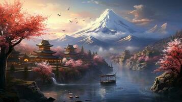 hermosa japonés paisaje montaña ilustración antecedentes foto