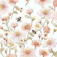 flowers with bee watercolor seamless patterns photo