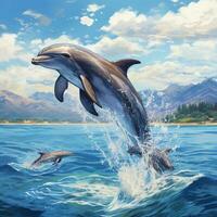 dolphins jump from the sea illustration art photo