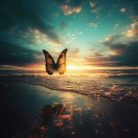 mariposas mosca en el playa con puesta de sol foto