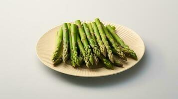 Photo of Asparagus on plate isolated on white background