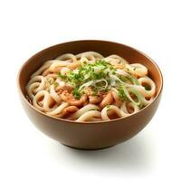 Food photography of Udon on brown bowl isolated on white background. Generative AI photo