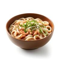 Food photography of Udon on brown bowl isolated on white background. photo