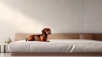 perro tejonero perro acostado en cama en hotel con contemporáneo interior diseño. generativo ai foto