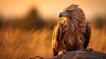 foto de leonado águila en sabana a puesta de sol. generativo ai