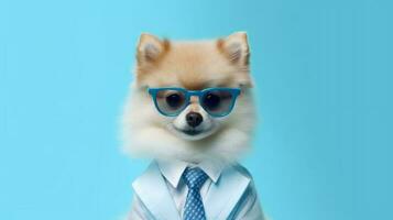 Photo of haughty pomeranian dog using glasses  and office suit on white background. Generative AI