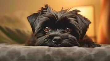 Portrait of Affenpinscher lying on bed photo