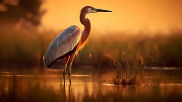 Photo of Goliath Heron on savanna at sunset. Generative AI