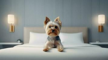 Yorkshire terrier dog lying on bed in hotel with contemporary interior design. Generative AI photo