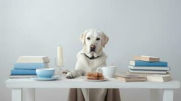 a golden retriever dog in a sweater sits studying accompanied by a cup and piles of books. Generative AI photo