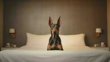 doberman dog lying on bed in hotel with contemporary interior design. Generative AI photo