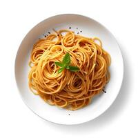 Food photography of Spaghetti on plate isolated on white background. Generative AI photo