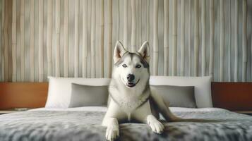 Siberian husky dog lying on bed in hotel with contemporary interior design. Generative AI photo