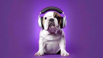 Photo of Bulldog using headphone  on purple background. Generative AI