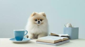 a pomeranian dog in a sweater sits studying accompanied by a cup and piles of books photo