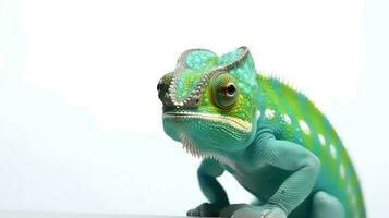 Photo of a chameleon on white background. Generative AI