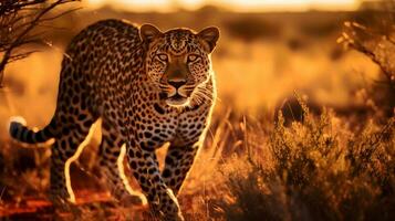 foto de leopardo en sabana a puesta de sol. generativo ai