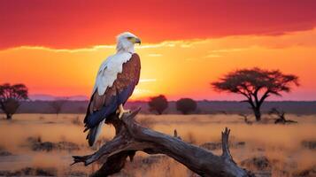 Photo of African Fish Eagle on savanna at sunset.
