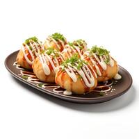 Food photography of takoyaki on plate isolated on white background. photo