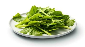 Photo of Mustard greens on plate isolated on white background