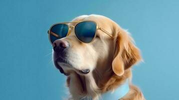 Photo of haughty golden retriever dog using sunglasses  and office suit on white background