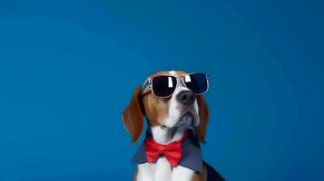 foto de arrogante beagle utilizando Gafas de sol y oficina traje en blanco antecedentes. generativo ai