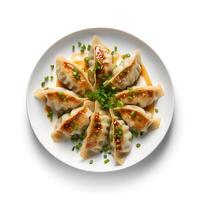 Photo of Gyoza on plate isolated on white background. Created by Generative AI