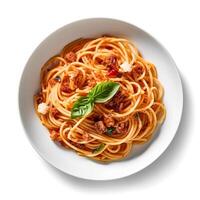 Food photography of Spaghetti on plate isolated on white background. Generative AI photo