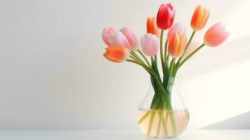 Photo of tulips in minimalist transparent vase as houseplant for home decoration on warm color background. Generative AI