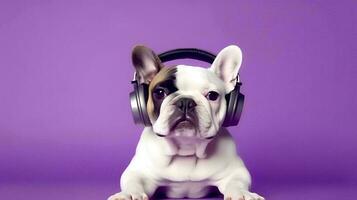 Photo of Bulldog using headphone  on purple background. Generative AI