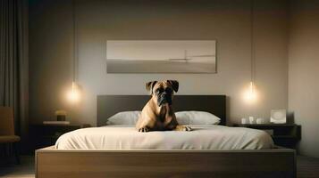 boxer dog lying on bed in hotel with contemporary interior design. Generative AI photo